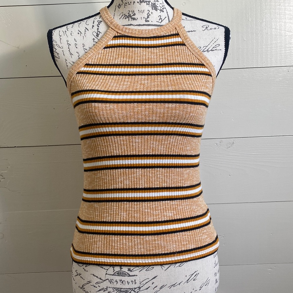 Stripped Halter Neck Ribbed Tank Top